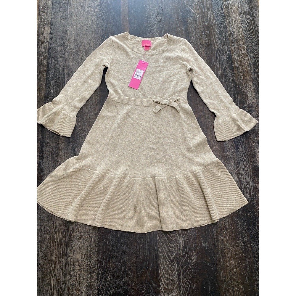 Lilly Pulitzer Girl's Amara Knit Sweater Dress in Gold Metallic Sz L Ruffle NEW